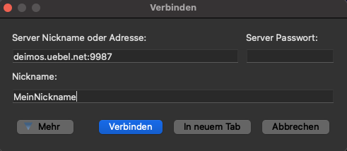 TeamSpeak 3 – Verbinden-Dialog mit Adresse deimos.uebel.net und Port 9987